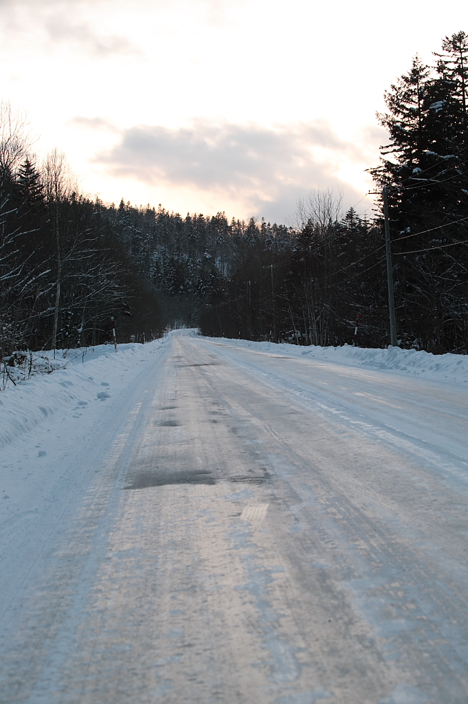 An icy, refrozen road surface in Minami-Furano, Hokkaido