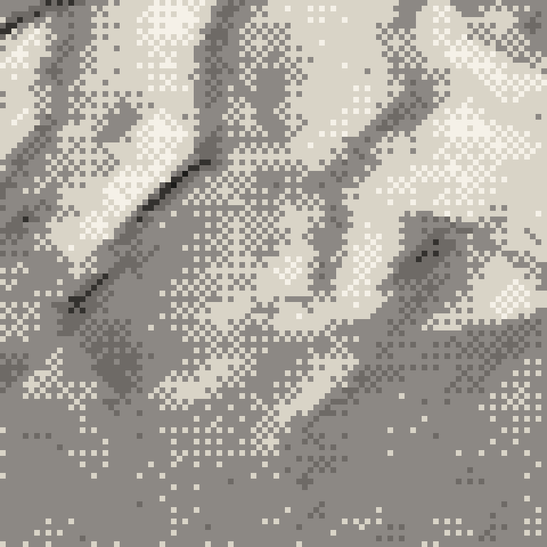A pixel relief map of the ground around Akakura Kanko Resort, drawn from elevation data for the surveyed area, its ridges and valleys in eight tones of ink.