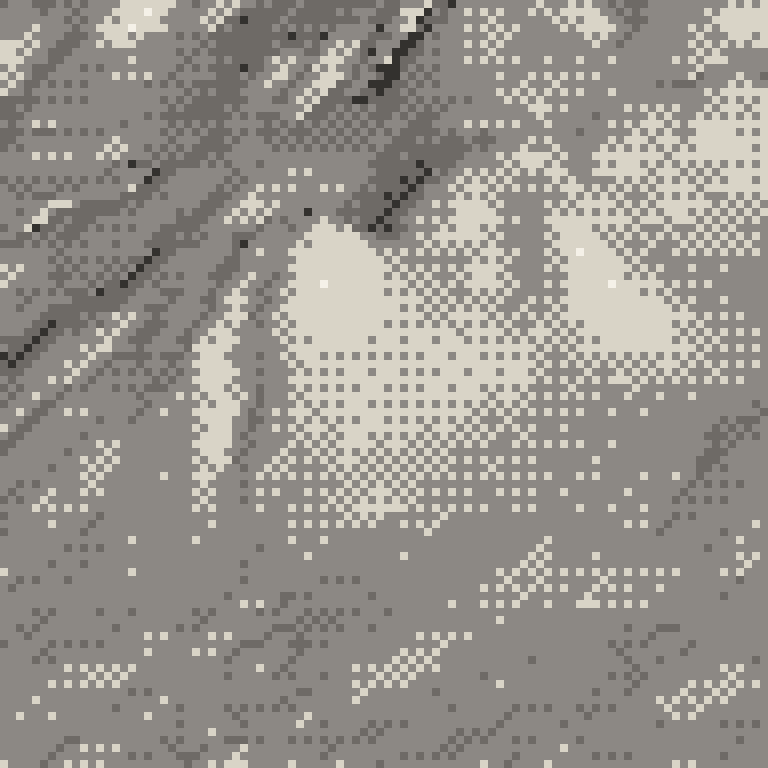 A pixel relief map of the ground around Appi Kogen, drawn from elevation data for the surveyed area — its ridges and valleys in eight tones of ink.