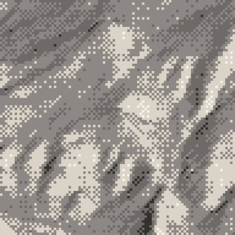 A pixel relief map of the ground around Asarigawa Onsen Ski Resort, drawn from elevation data for the surveyed area, its ridges and valleys in eight tones of ink.