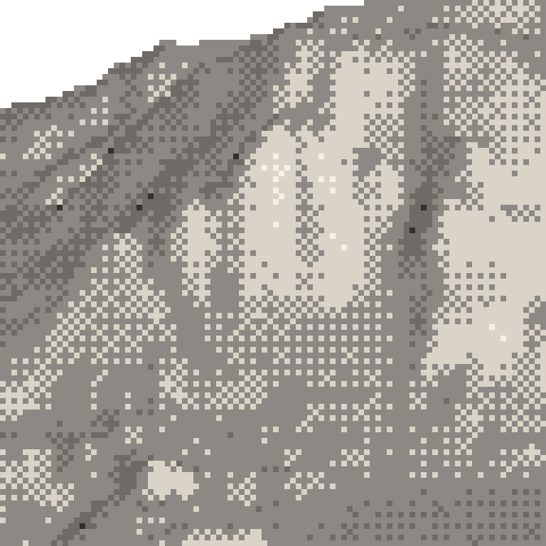 A pixel relief map of the ground around Canmore Ski Village, drawn from elevation data for the surveyed area — its ridges and valleys in eight tones of ink.