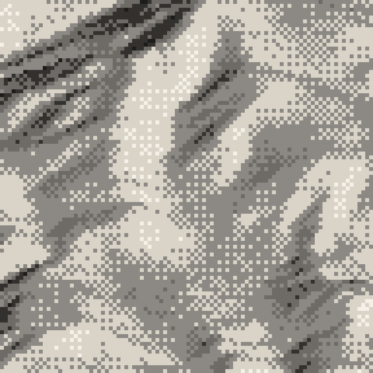 A pixel relief map of the ground around Dynaland, drawn from elevation data for the surveyed area, its ridges and valleys in eight tones of ink.