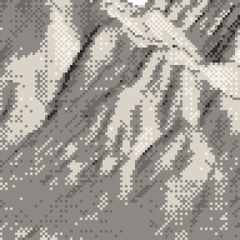 A pixel relief map of the ground around Furano Ski Resort, drawn from elevation data for the surveyed area — its ridges and valleys in eight tones of ink.