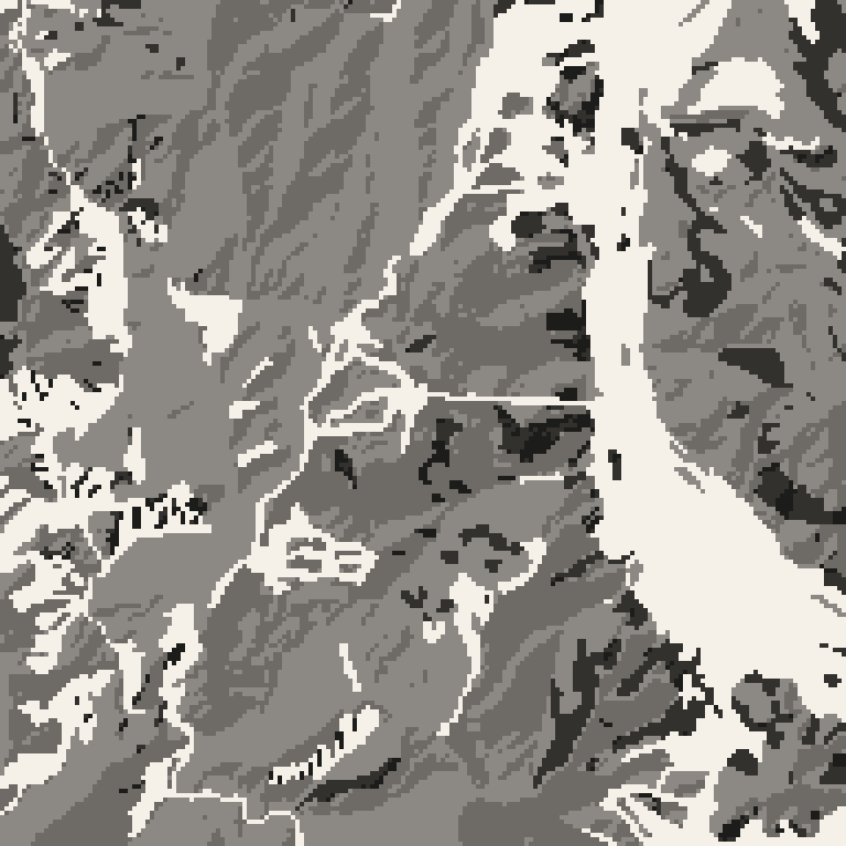 Plan view of the forest around GALA Yuzawa. Bare deciduous woods pale, evergreen conifer dark, open ground lightest.