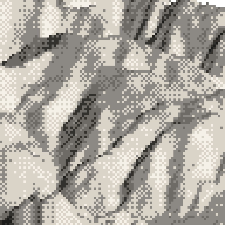 A pixel relief map of the ground around GALA Yuzawa, drawn from elevation data for the surveyed area — its ridges and valleys in eight tones of ink.