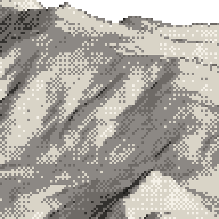 A pixel relief map of the ground around Geto Kogen Ski Resort, drawn from elevation data for the surveyed area — its ridges and valleys in eight tones of ink.