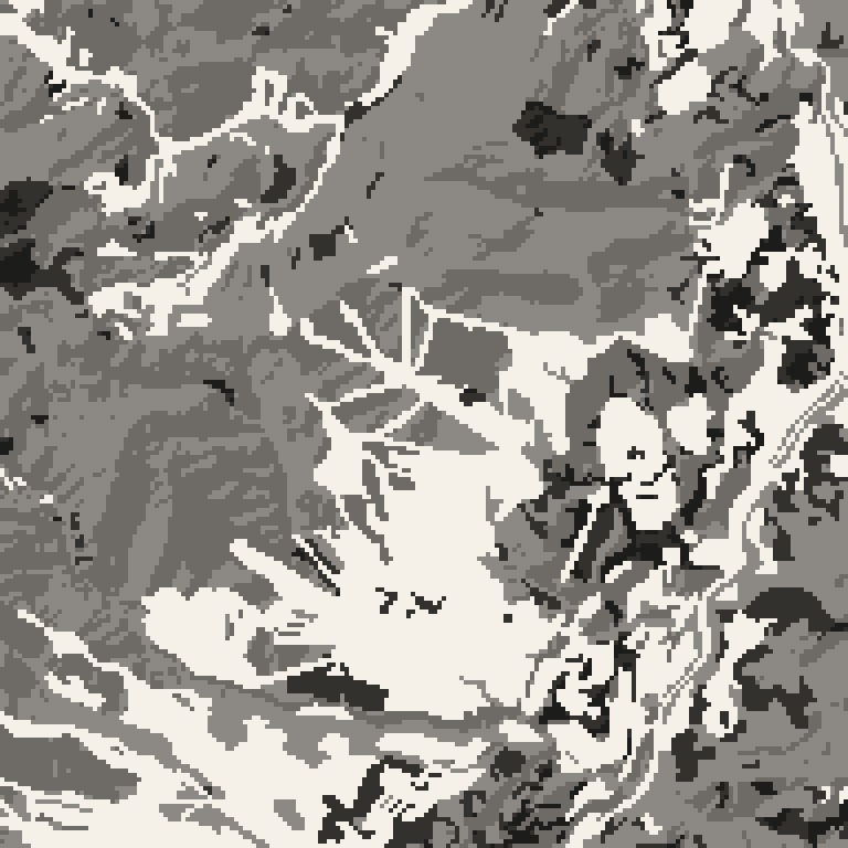 Plan view of the forest around Hakuba Cortina Snow Resort. Bare deciduous woods pale, evergreen conifer dark, open ground lightest.