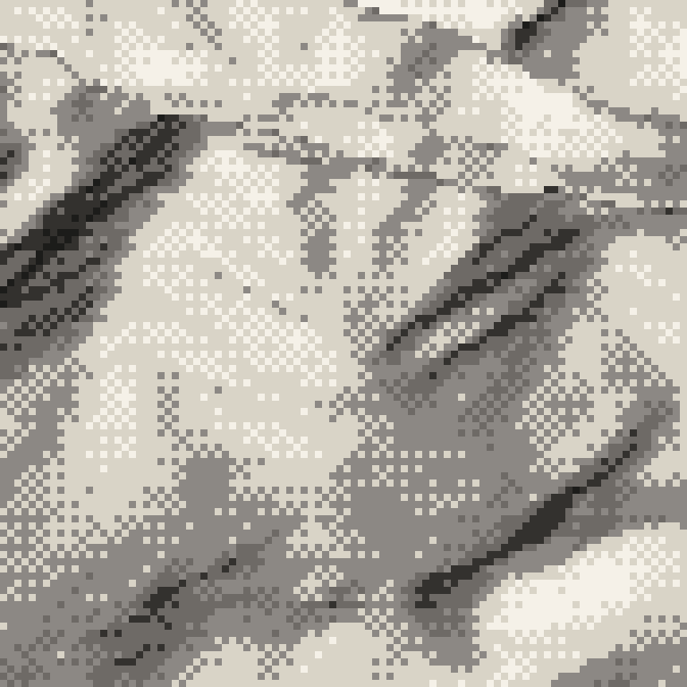 A pixel relief map of the ground around Hakuba Cortina Snow Resort, drawn from elevation data for the surveyed area — its ridges and valleys in eight tones of ink.