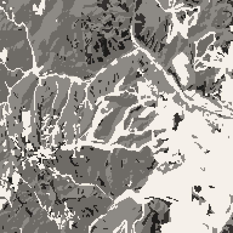 Plan view of the forest around Hakuba Happo-One Snow Resort. Bare deciduous woods pale, evergreen conifer dark, open ground lightest.