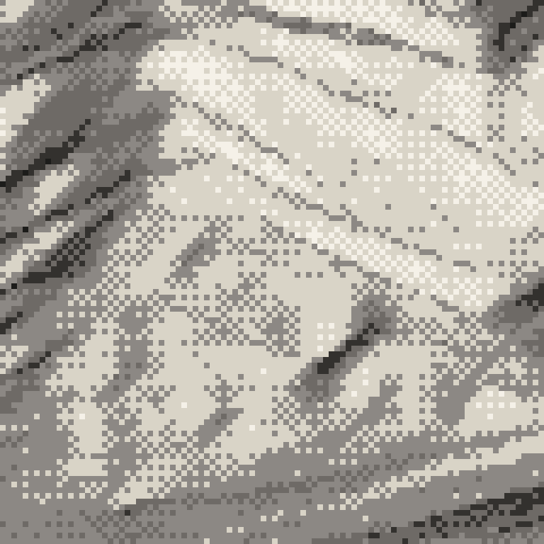 A pixel relief map of the ground around Hakuba Happo-One Snow Resort, drawn from elevation data for the surveyed area — its ridges and valleys in eight tones of ink.