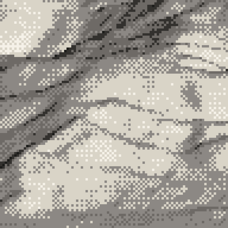 A pixel relief map of the ground around Hakuba Iwatake Snow Field, drawn from elevation data for the surveyed area — its ridges and valleys in eight tones of ink.
