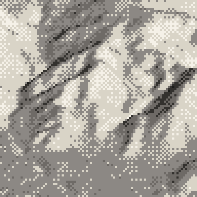 A pixel relief map of the ground around Hakuba Norikura Onsen Snow Resort, drawn from elevation data for the surveyed area — its ridges and valleys in eight tones of ink.