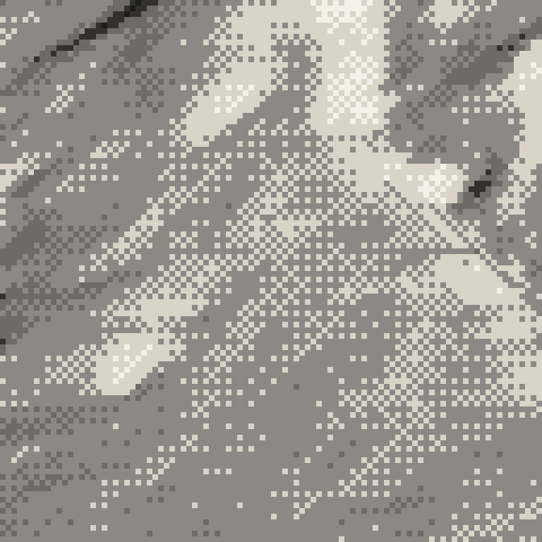 A pixel relief map of the ground around Ikenotaira Onsen Alpen Blick, drawn from elevation data for the surveyed area — its ridges and valleys in eight tones of ink.