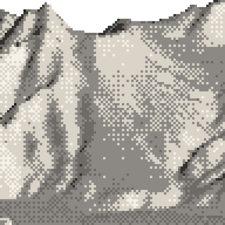 A pixel relief map of the ground around Iwappara, drawn from elevation data for the surveyed area, its ridges and valleys in eight tones of ink.