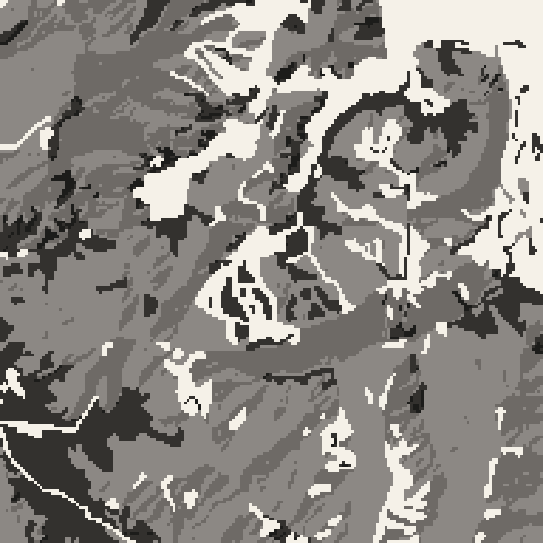 Plan view of the forest around Kandatsu Snow Resort. Bare deciduous woods pale, evergreen conifer dark, open ground lightest.