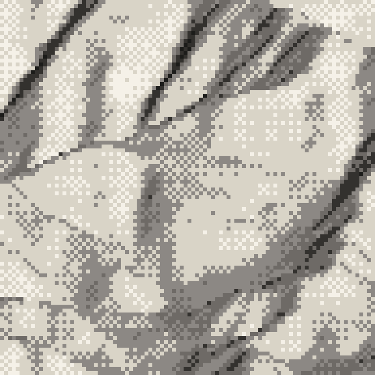 A pixel relief map of the ground around Kandatsu Snow Resort, drawn from elevation data for the surveyed area — its ridges and valleys in eight tones of ink.