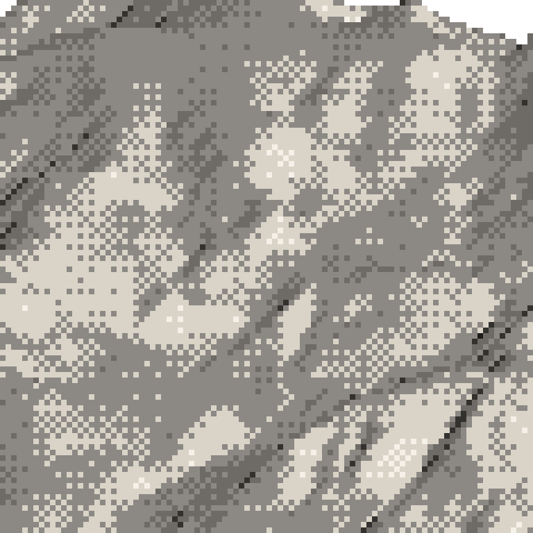 A pixel relief map of the ground around Kiroro Snow World, drawn from elevation data for the surveyed area — its ridges and valleys in eight tones of ink.