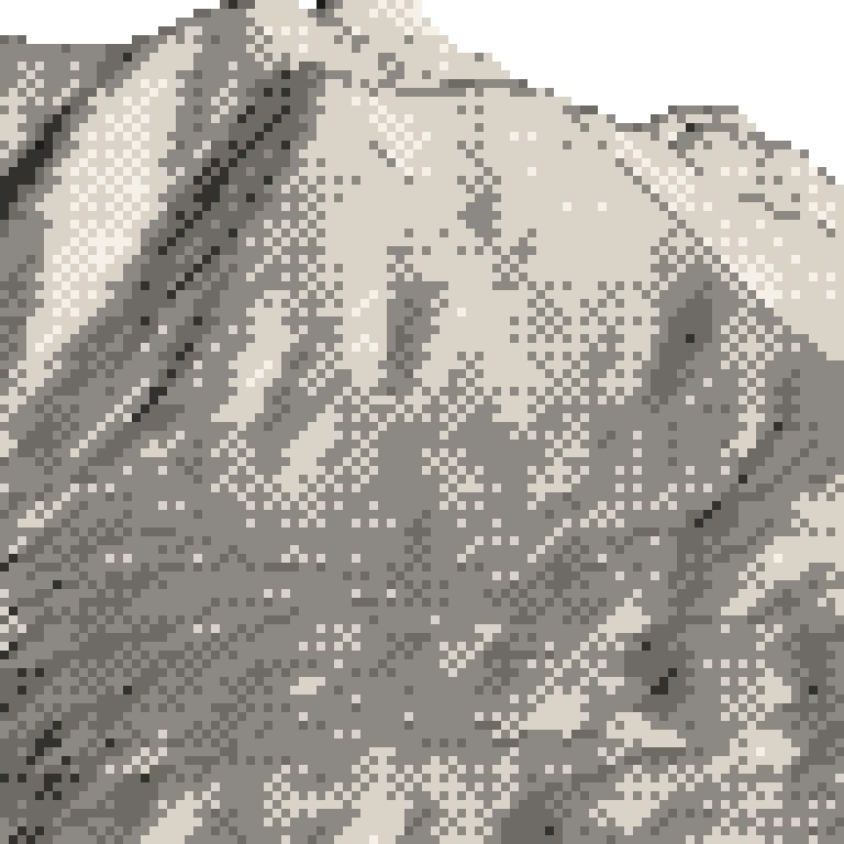 A pixel relief map of the ground around Madarao Mountain Resort, drawn from elevation data for the surveyed area — its ridges and valleys in eight tones of ink.