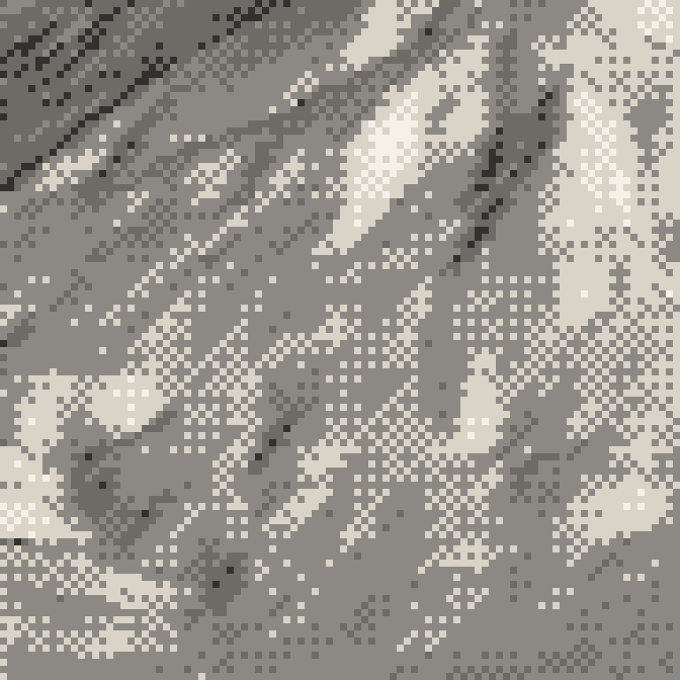 A pixel relief map of the ground around Myoko Suginohara Ski Resort, drawn from elevation data for the surveyed area — its ridges and valleys in eight tones of ink.