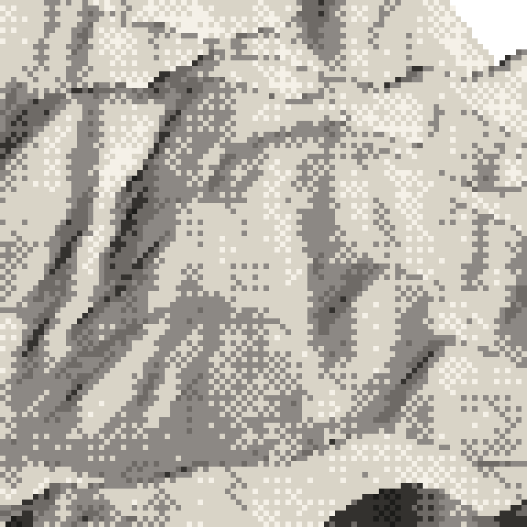 A pixel relief map of the ground around Naeba Ski Resort, drawn from elevation data for the surveyed area — its ridges and valleys in eight tones of ink.