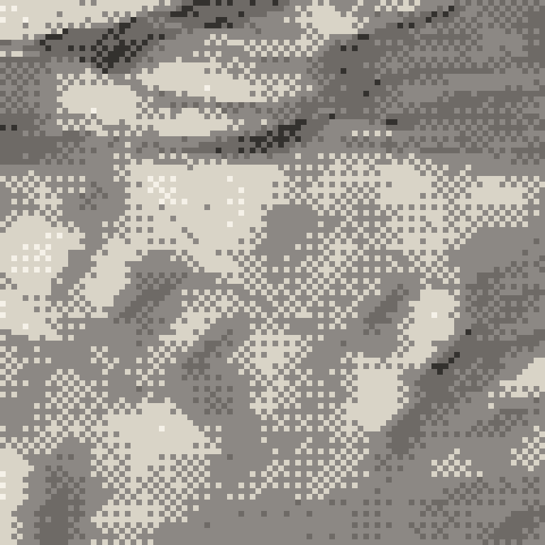 A pixel relief map of the ground around Hoshino Resorts Nekoma, drawn from elevation data for the surveyed area — its ridges and valleys in eight tones of ink.