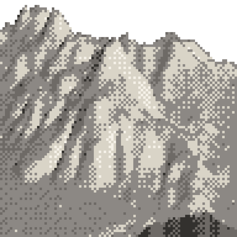 A pixel relief map of the ground around Niseko United, drawn from elevation data for the surveyed area — its ridges and valleys in eight tones of ink.