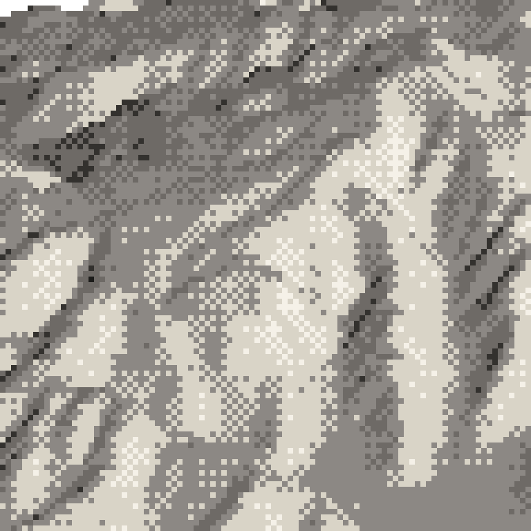 A pixel relief map of the ground around Nozawa Onsen Snow Resort, drawn from elevation data for the surveyed area — its ridges and valleys in eight tones of ink.
