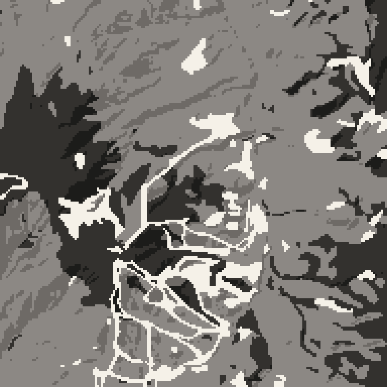 Plan view of the forest around Okushiga Kogen. Bare deciduous woods pale, evergreen conifer dark, open ground lightest.