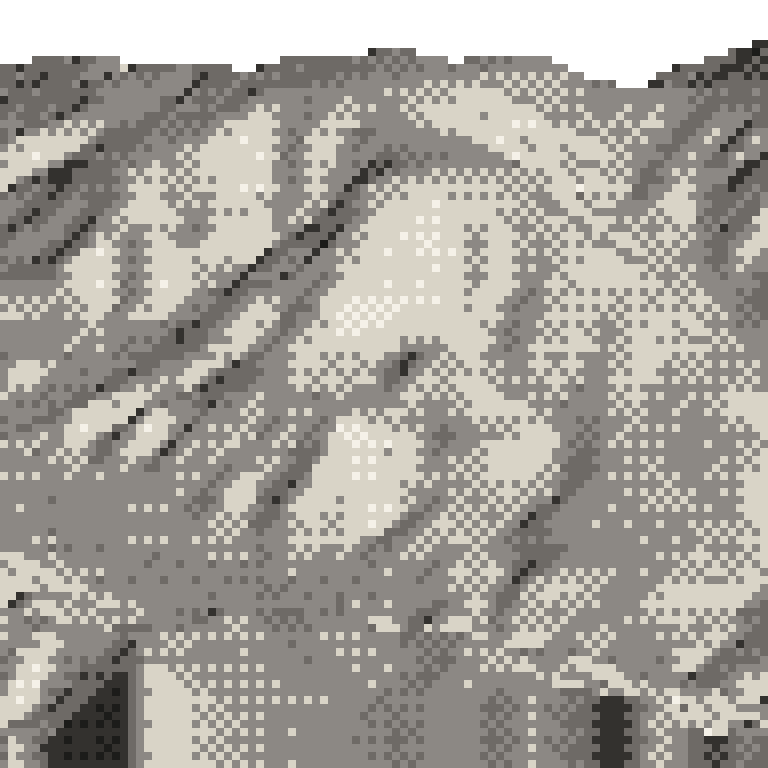 A pixel relief map of the ground around Okushiga Kogen, drawn from elevation data for the surveyed area, its ridges and valleys in eight tones of ink.