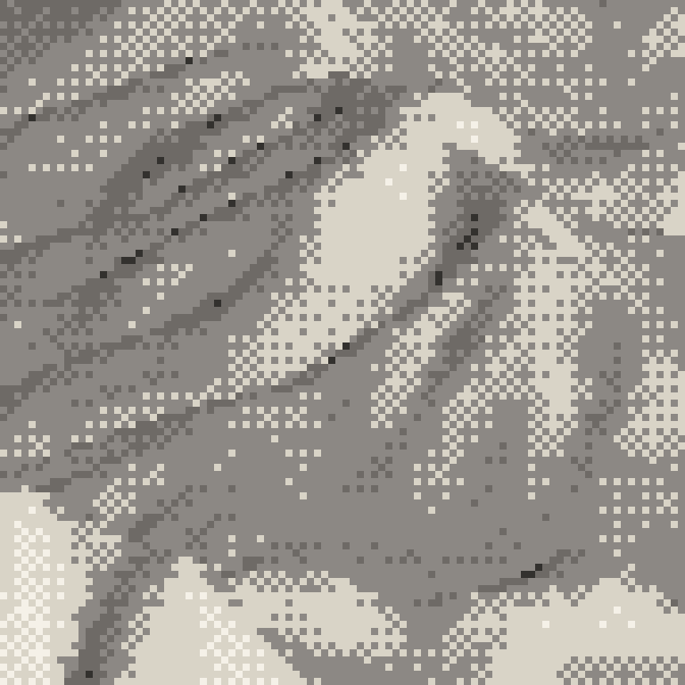 A pixel relief map of the ground around Rusutsu Resort, drawn from elevation data for the surveyed area — its ridges and valleys in eight tones of ink.