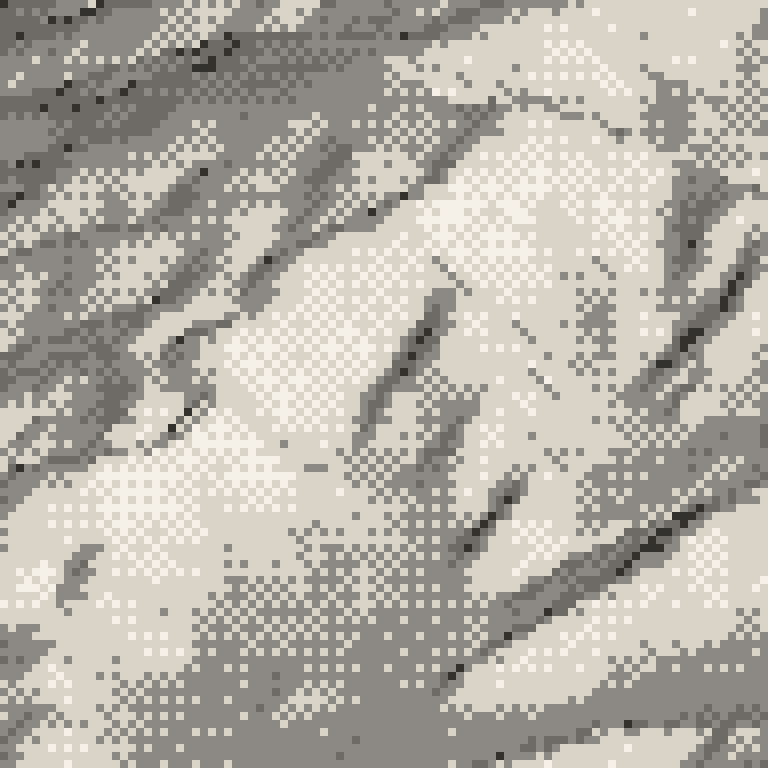 A pixel relief map of the ground around Ryuoo Ski Park, drawn from elevation data for the surveyed area, its ridges and valleys in eight tones of ink.