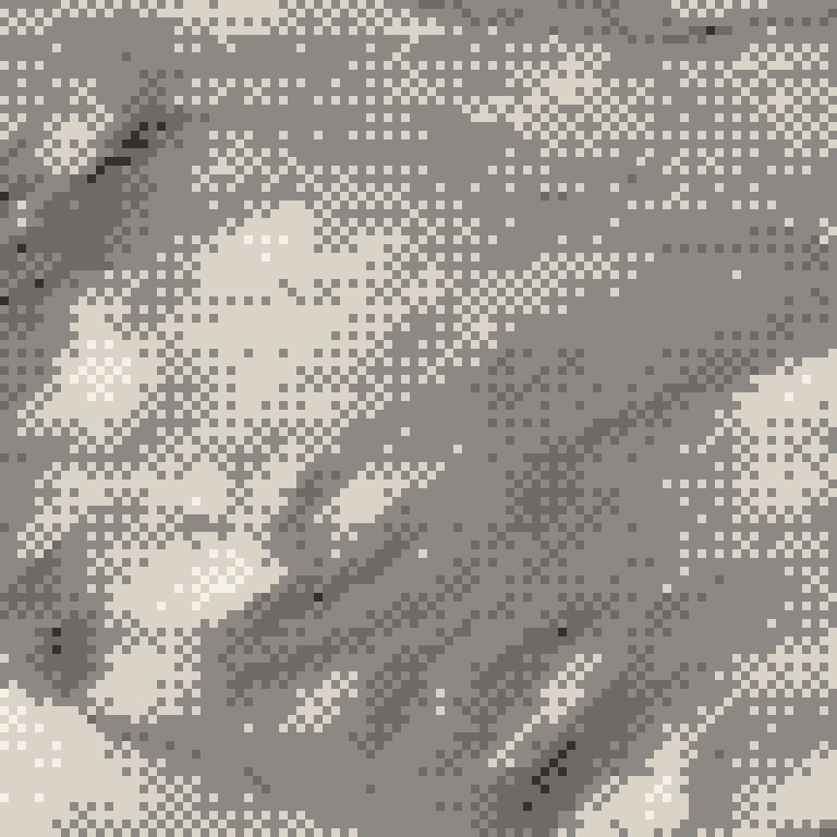 A pixel relief map of the ground around Sapporo Kokusai Ski Resort, drawn from elevation data for the surveyed area — its ridges and valleys in eight tones of ink.