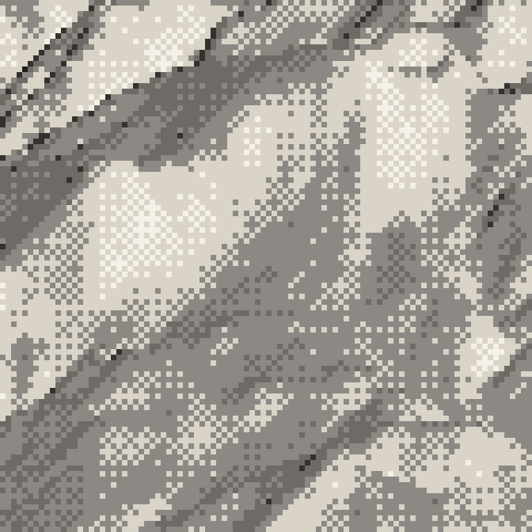 A pixel relief map of the ground around Sapporo Teine, drawn from elevation data for the surveyed area — its ridges and valleys in eight tones of ink.