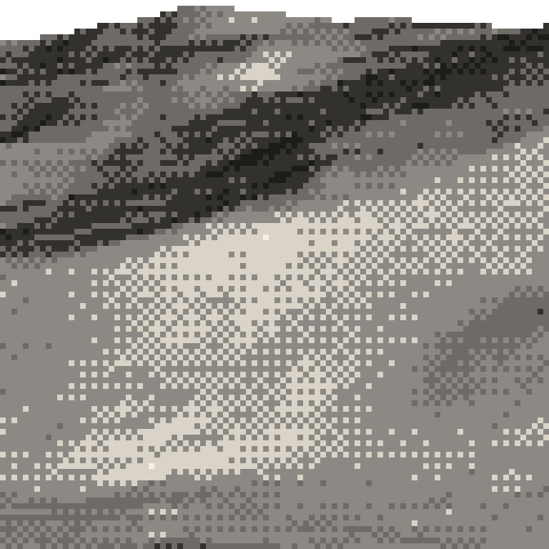 A pixel relief map of the ground around Shiga Kogen Ichinose Diamond, drawn from elevation data for the surveyed area, its ridges and valleys in eight tones of ink.