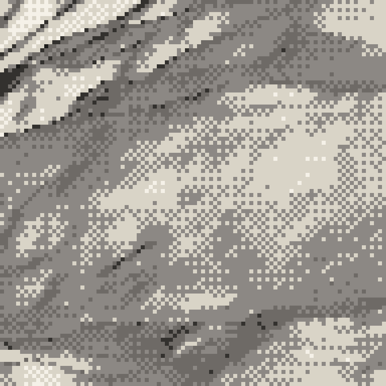 A pixel relief map of the ground around Shiga Kogen Ichinose Family, drawn from elevation data for the surveyed area, its ridges and valleys in eight tones of ink.