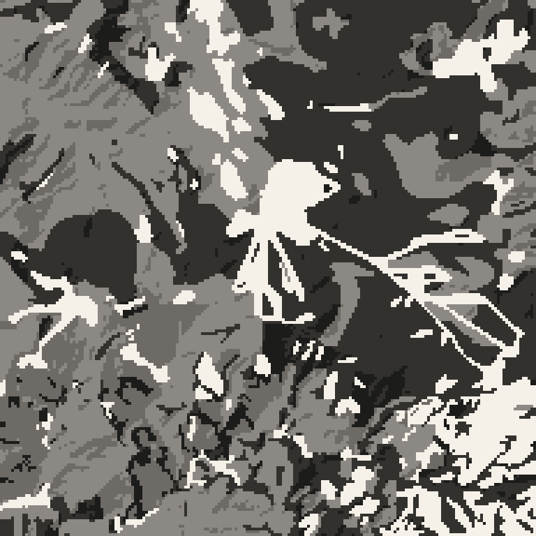 Plan view of the forest around Shiga Kogen Kumanoyu. Bare deciduous woods pale, evergreen conifer dark, open ground lightest.