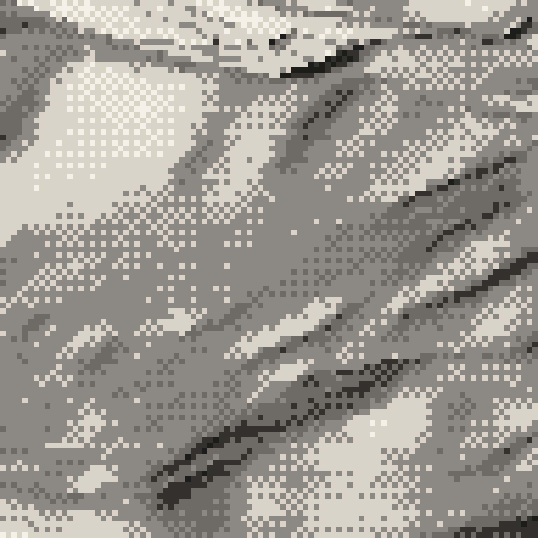 A pixel relief map of the ground around Shiga Kogen Kumanoyu, drawn from elevation data for the surveyed area, its ridges and valleys in eight tones of ink.