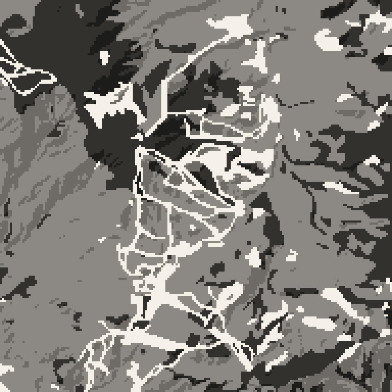 Plan view of the forest around Shiga Kogen Yakebitaiyama. Bare deciduous woods pale, evergreen conifer dark, open ground lightest.