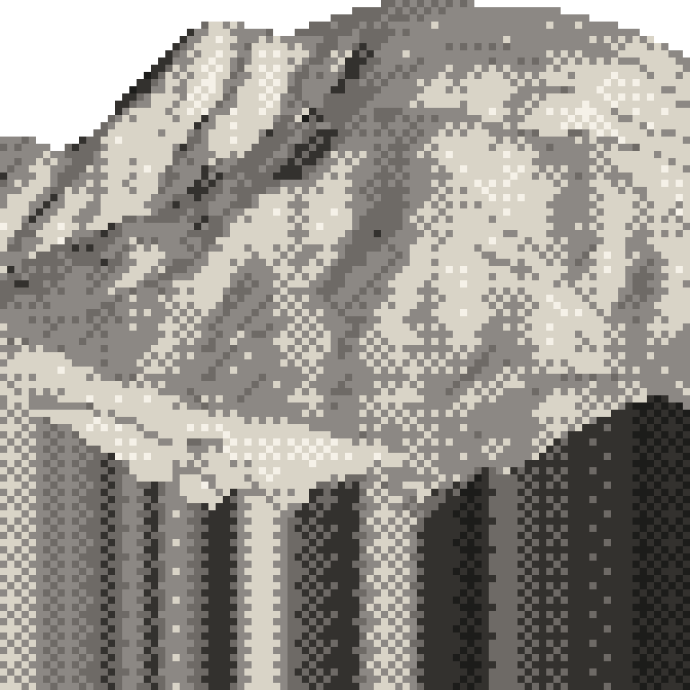 A pixel relief map of the ground around Shiga Kogen Yakebitaiyama, drawn from elevation data for the surveyed area — its ridges and valleys in eight tones of ink.