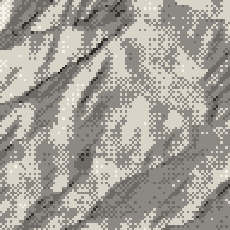 A pixel relief map of the ground around Takasu Snow Park, drawn from elevation data for the surveyed area — its ridges and valleys in eight tones of ink.
