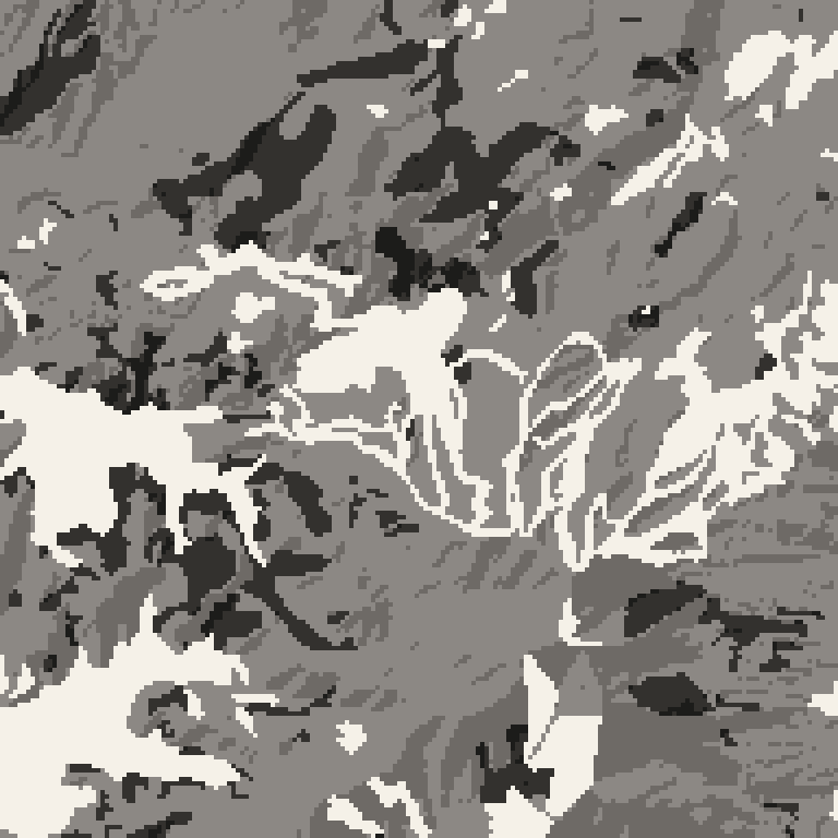 Plan view of the forest around Tangram Ski Circus. Bare deciduous woods pale, evergreen conifer dark, open ground lightest.