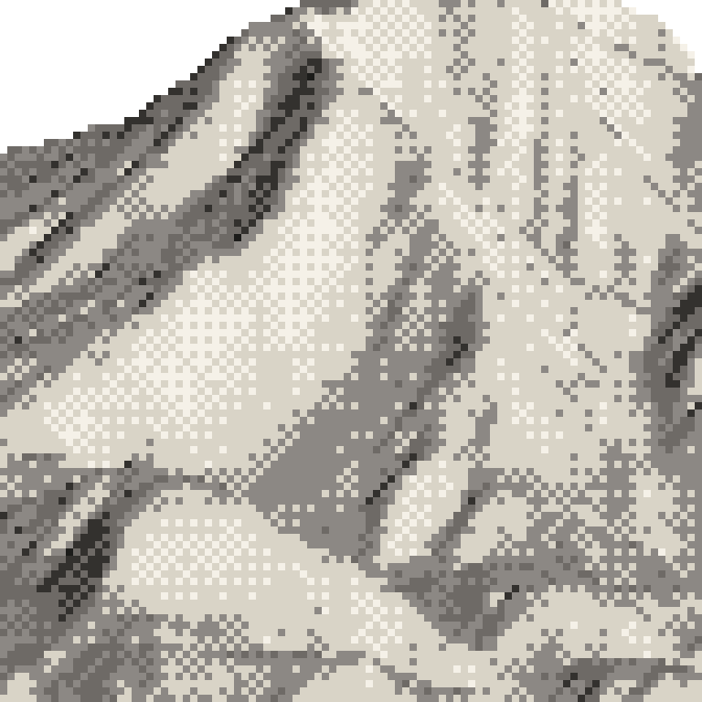 A pixel relief map of the ground around Tangram Ski Circus, drawn from elevation data for the surveyed area, its ridges and valleys in eight tones of ink.