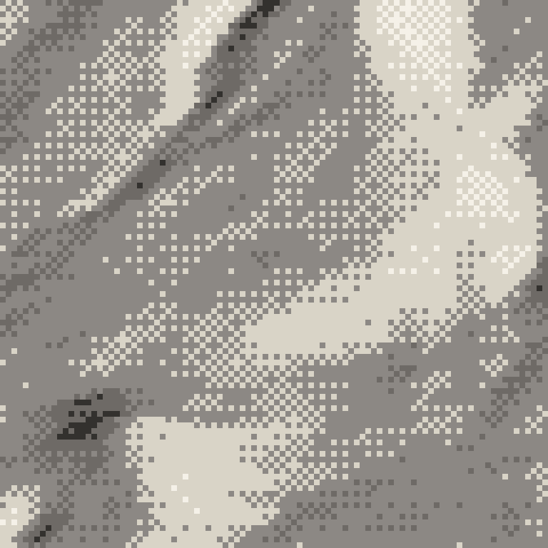 A pixel relief map of the ground around Tazawako Ski Resort, drawn from elevation data for the surveyed area — its ridges and valleys in eight tones of ink.