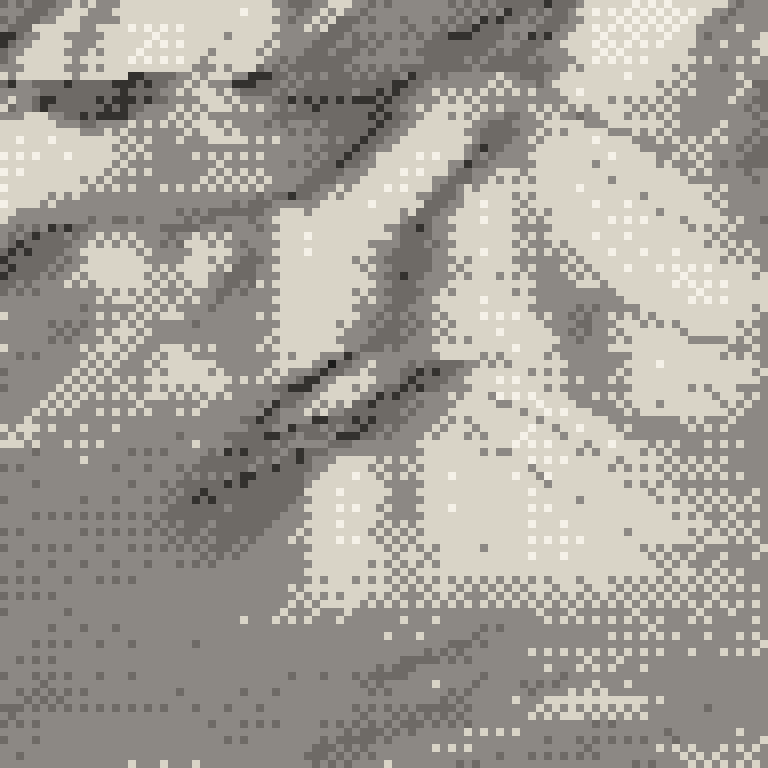 A pixel relief map of the ground around Togakushi, drawn from elevation data for the surveyed area, its ridges and valleys in eight tones of ink.