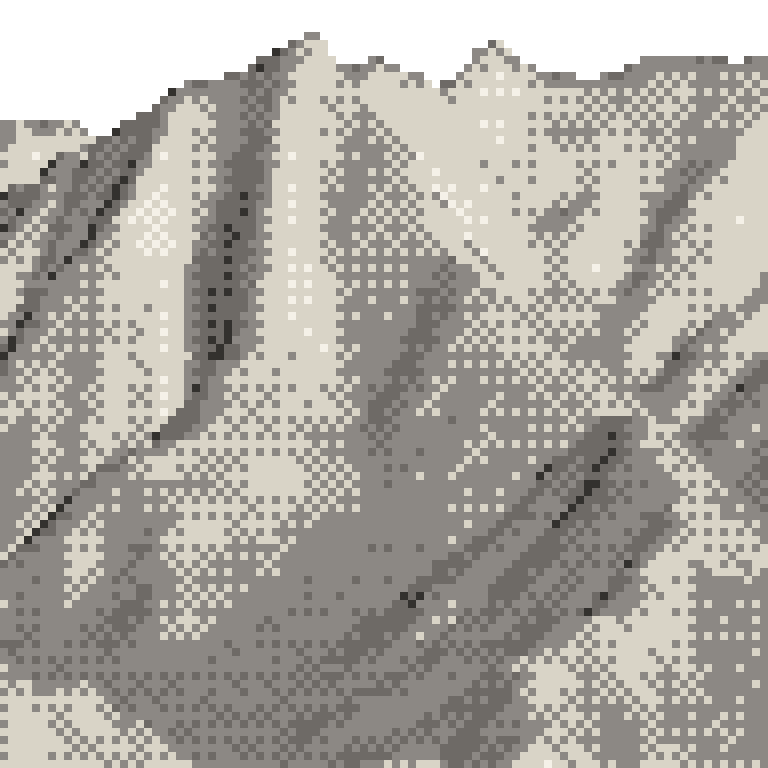 A pixel relief map of the ground around Hoshino Resorts Tomamu, drawn from elevation data for the surveyed area — its ridges and valleys in eight tones of ink.