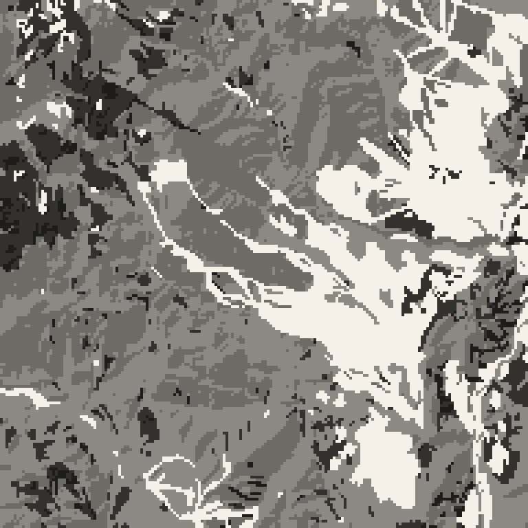 Plan view of the forest around Tsugaike Mountain Resort. Bare deciduous woods pale, evergreen conifer dark, open ground lightest.