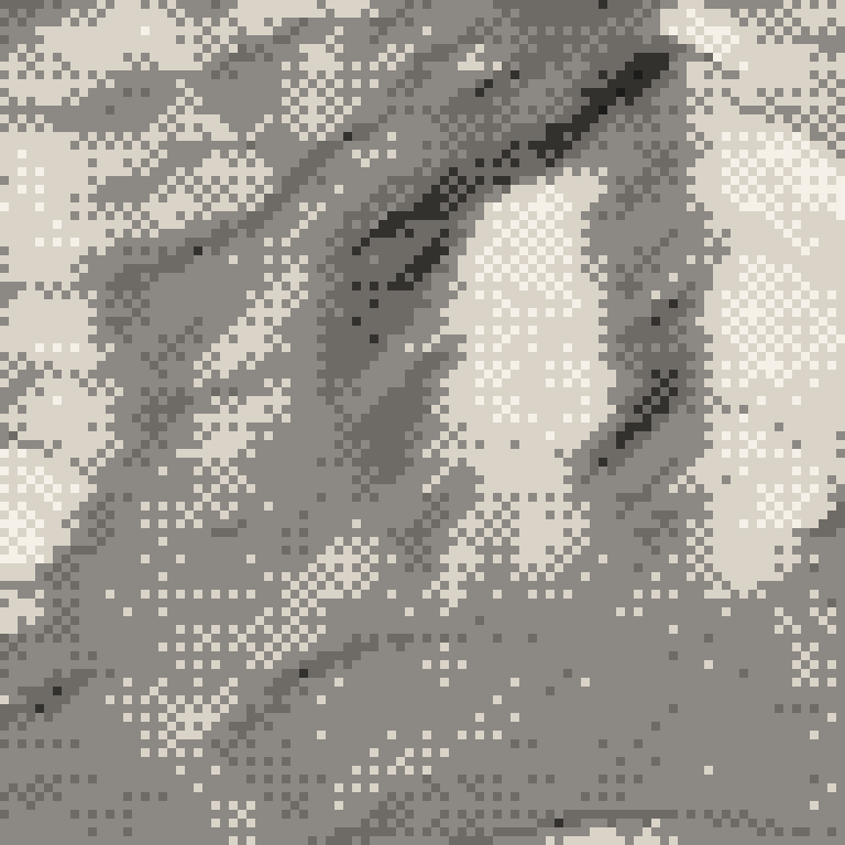 A pixel relief map of the ground around Tsugaike Mountain Resort, drawn from elevation data for the surveyed area — its ridges and valleys in eight tones of ink.