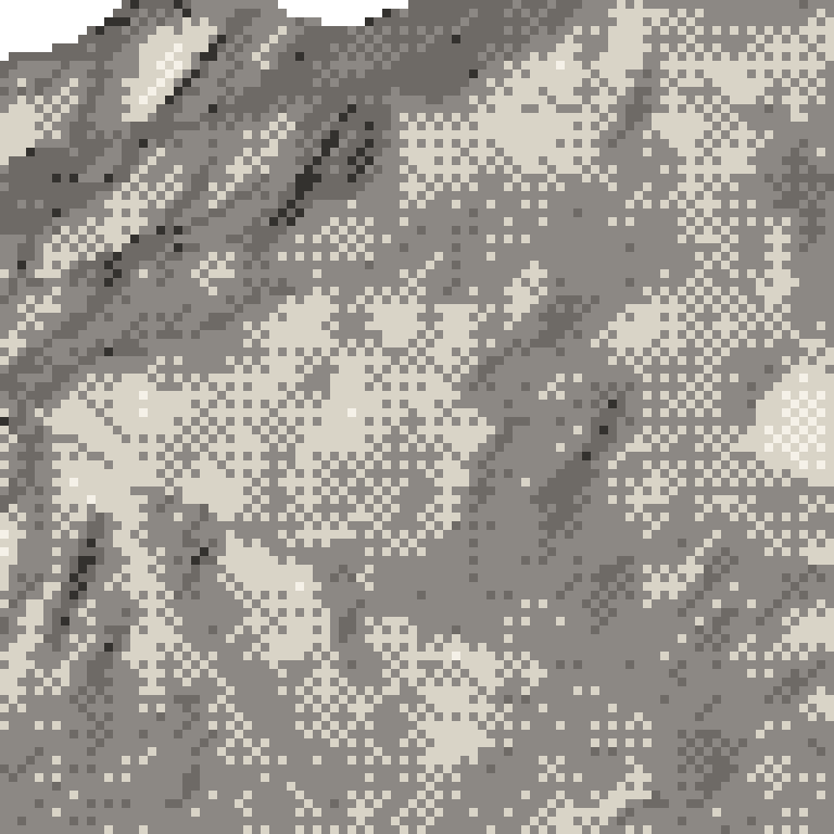 A pixel relief map of the ground around Zao Onsen Ski Resort, drawn from elevation data for the surveyed area — its ridges and valleys in eight tones of ink.